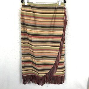 Vintage Patricia Wolf Maxi Skirt Womens 10 Brown Striped Leather Fringe Wrap